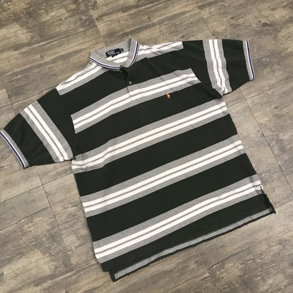 Vintage Polo Ralph Lauren Polo Green Gray Striped Golf Rugby Preepy Size XXL